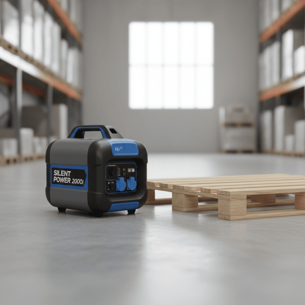 Generator next to wooden pallet showing compact footprint