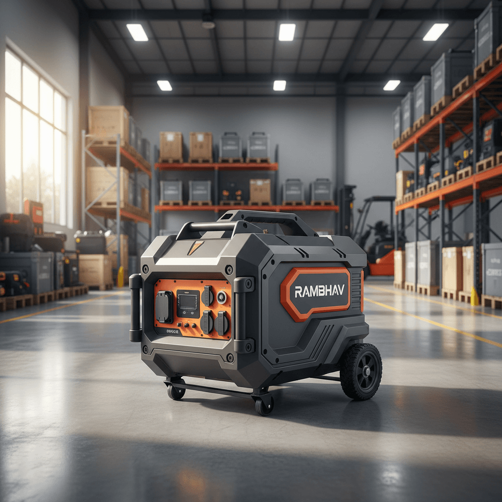 Sleek portable inverter generator on tidy warehouse floor, highlighting RAMBHAV's quality and innovation.