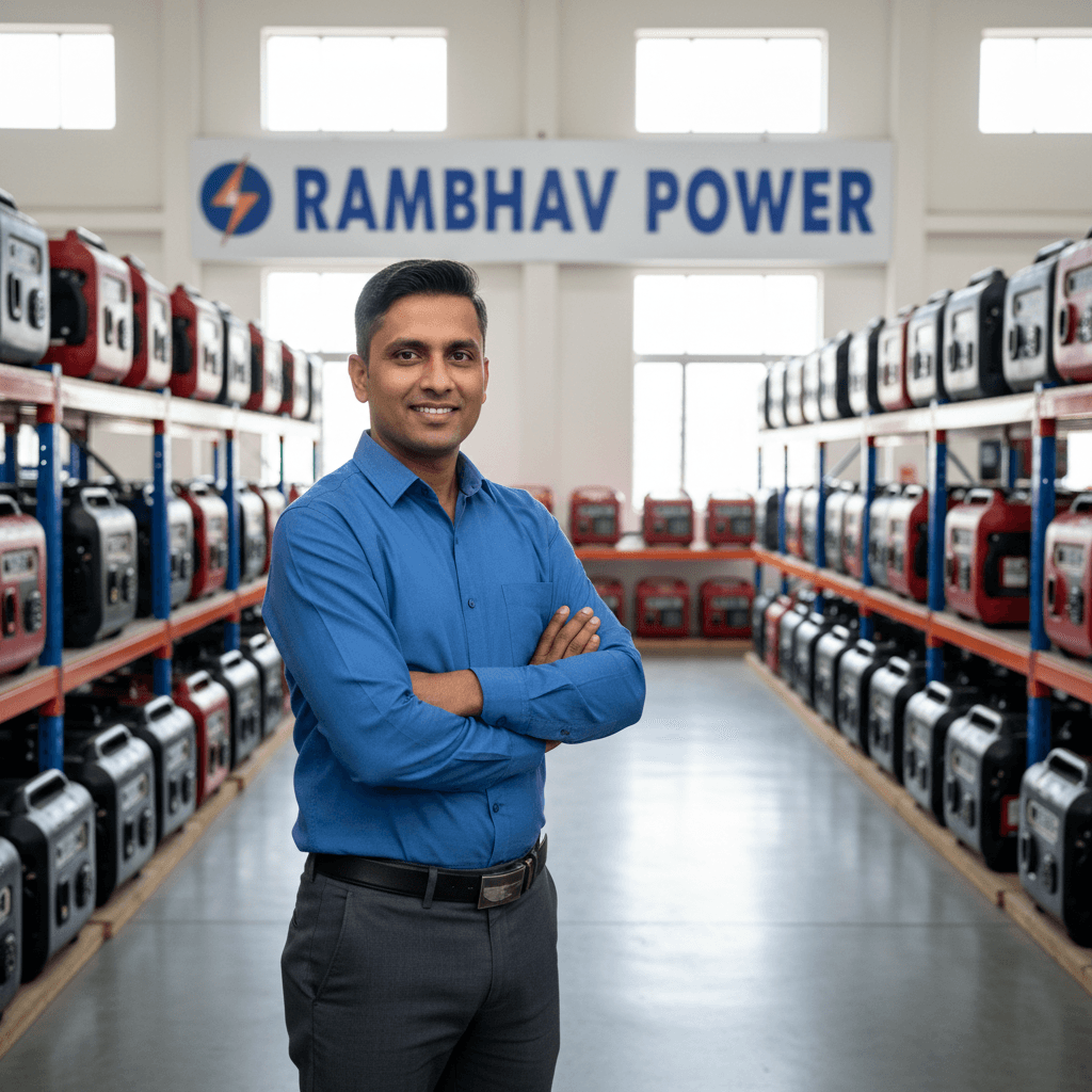 Professional portrait of a RAMBHAV Power team member in a generator warehouse