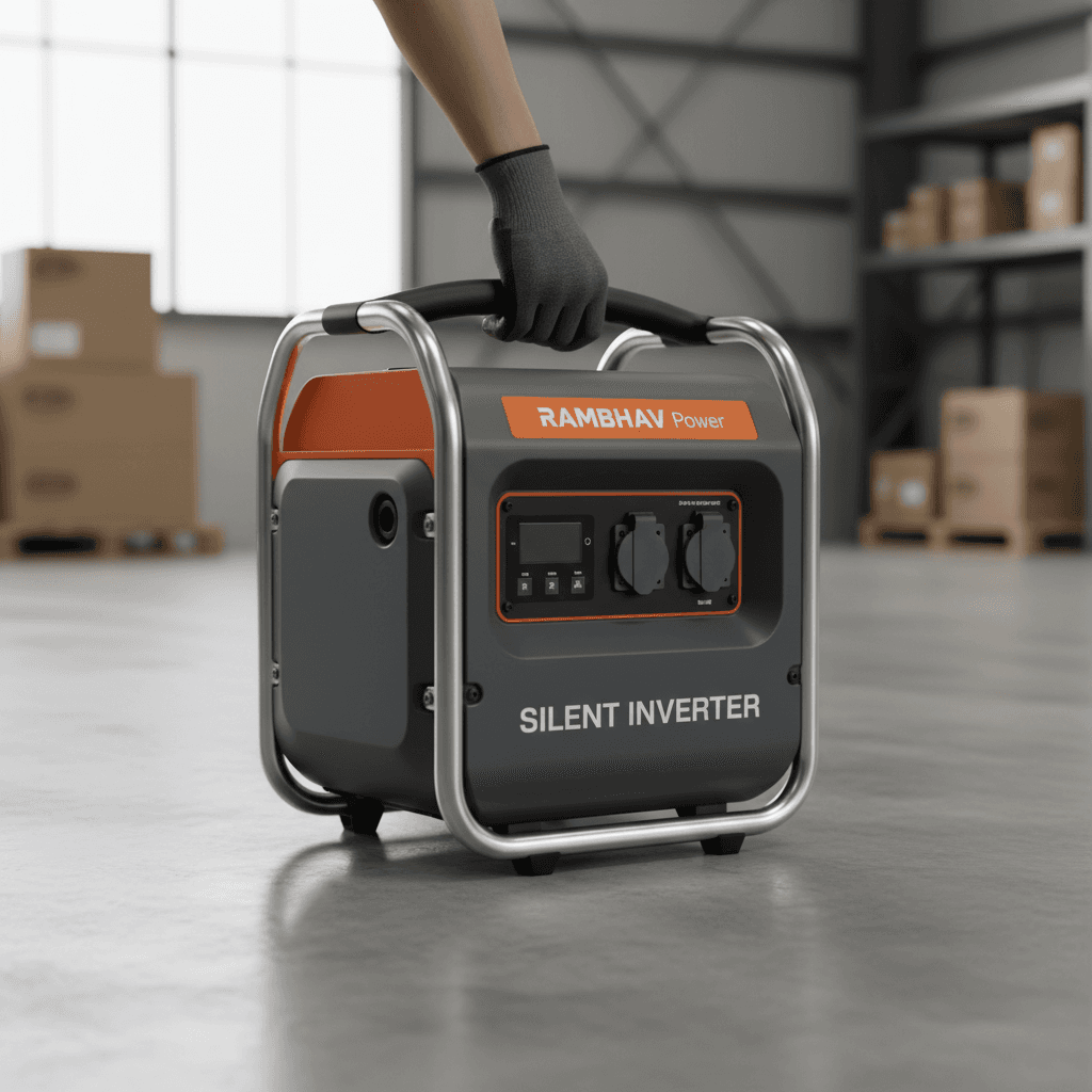 Portable generator on warehouse floor with hand gripping carry handle for scale
