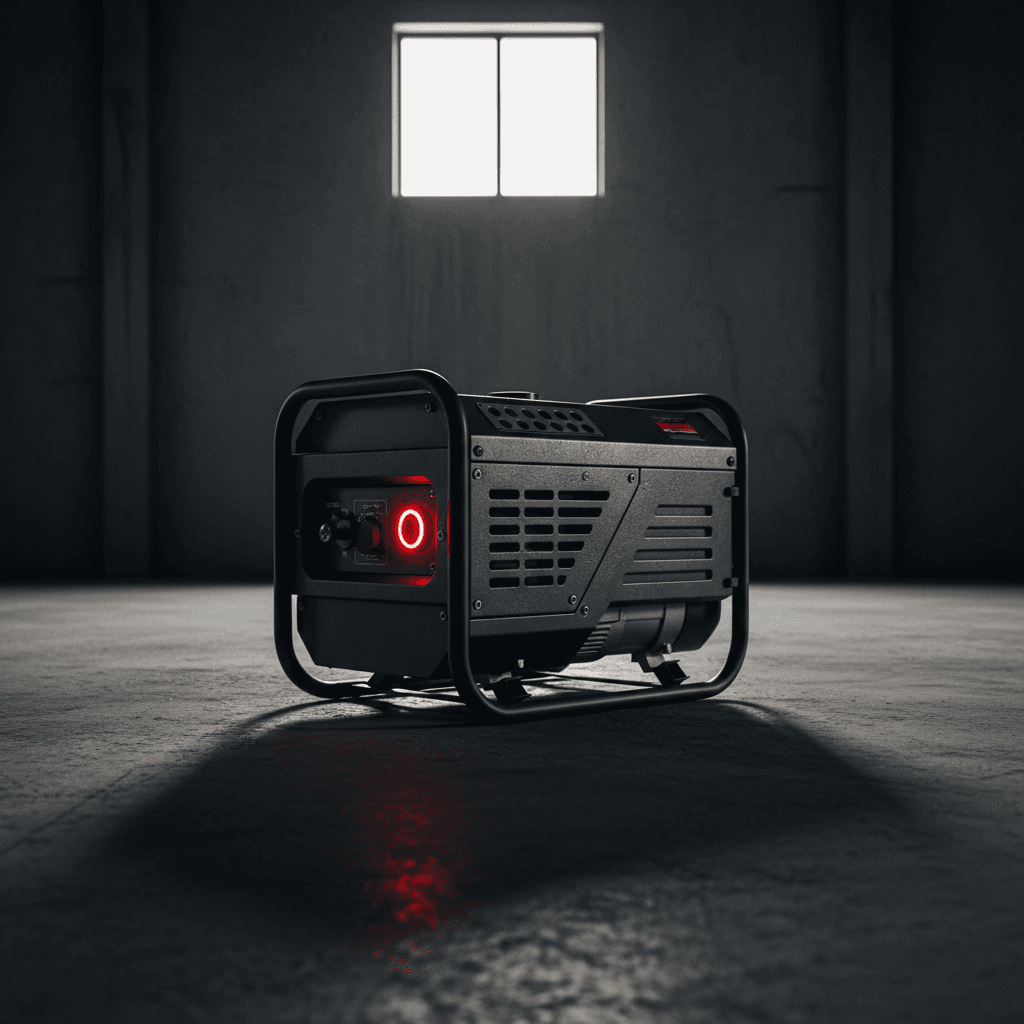 Close-up of RAMBHAV portable inverter generator on warehouse floor