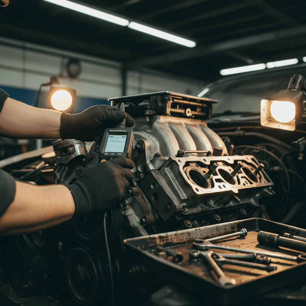Technician inspecting a portable generator engine