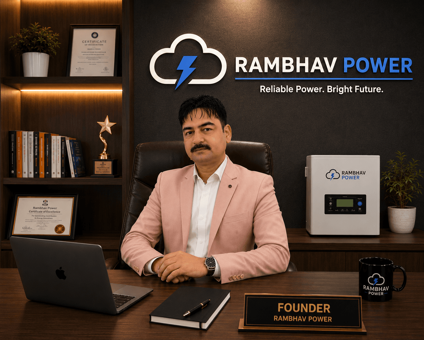 Rambhav Power founder in a pink blazer at a desk with company logo and awards.