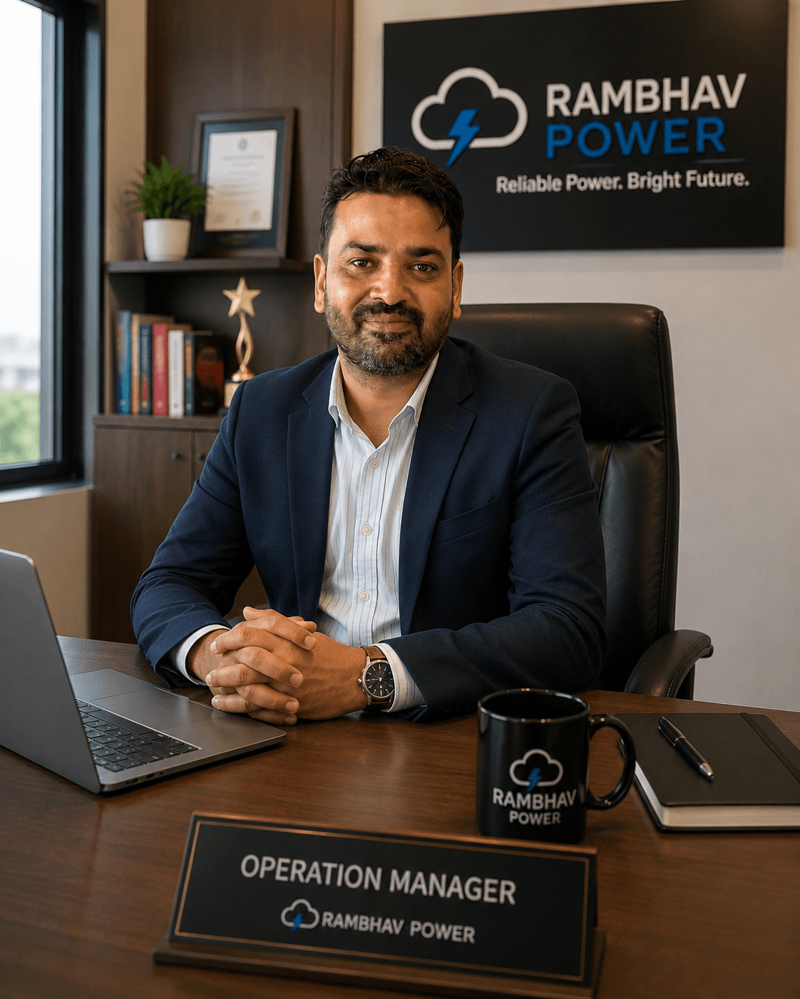Operation Manager in a blue blazer sits at a desk with Rambhav Power branding.
